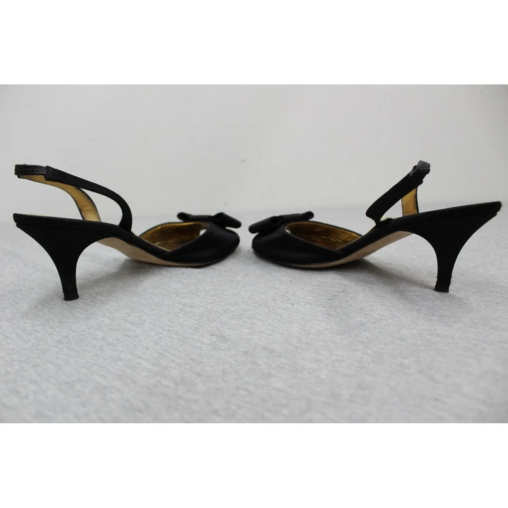 Kate Spade Heels Womens 6.5 Black Satin Peep Toe Bow Slingback Kitten Heel Italy